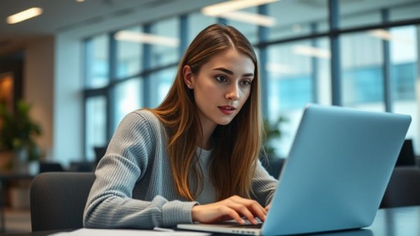 AI in Home Selling: Woman analyzing data on laptop in office.