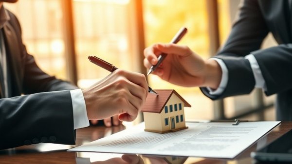 Hands exchanging contract near a model house, focus on mortgage refinance opportunities 2026.