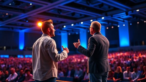 Energetic speaker at conference inspiring personal growth.