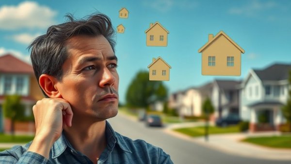 Buying rental portfolios concept with thoughtful person and symbols.