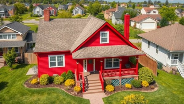 Charming suburban red house showcasing prime real estate.