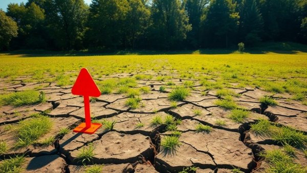 Photorealistic field with hidden land risks indicator, lush forest.