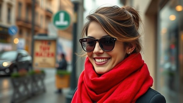Smiling woman with red scarf on city street, Real Estate Social Media and AI Trends.