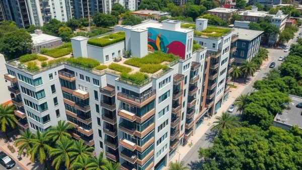 Aerial view of affordable rent-stabilized housing for seniors with vibrant surroundings.