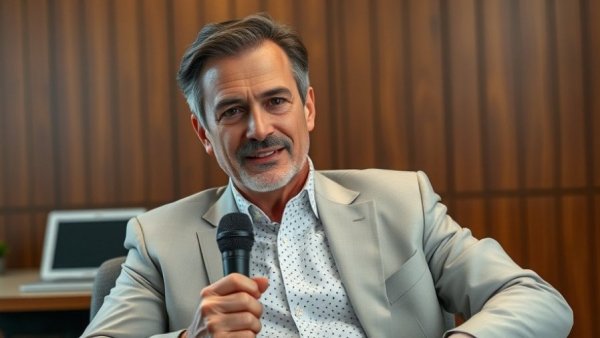 Precision Over Volume in Content Strategy: Man with microphone in office setting.