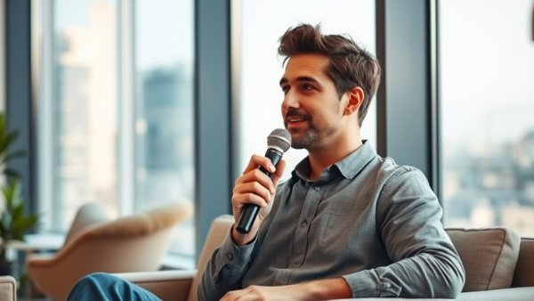 Man discussing the importance of making calls, seated in a modern room.
