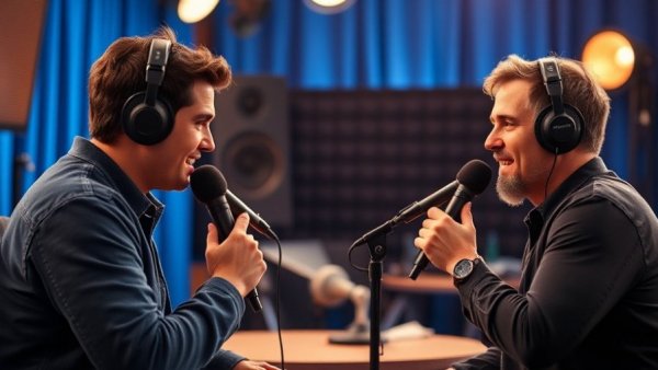 Engaging podcast hosts discussing business strategies.