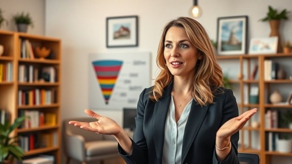 Realtor discussing social media lead generation funnel in office.