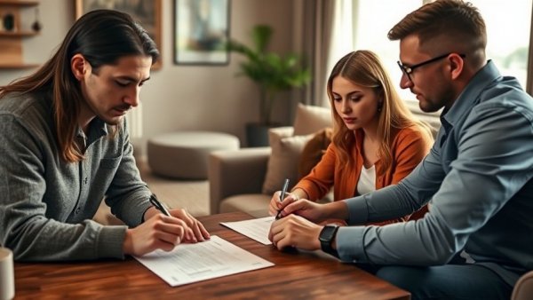 Group signing loan documents for wire money for closing in modern living room.