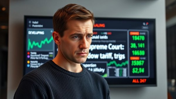 News about Trump tariffs cancelled in a man's background.