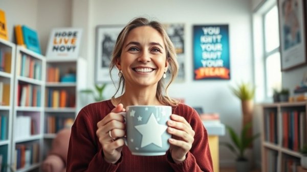 Happy woman planning Instagram strategy for realtors, cozy room.