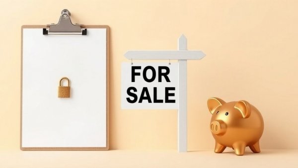 Minimalist collage of clipboard, For Sale signpost, piggy bank.