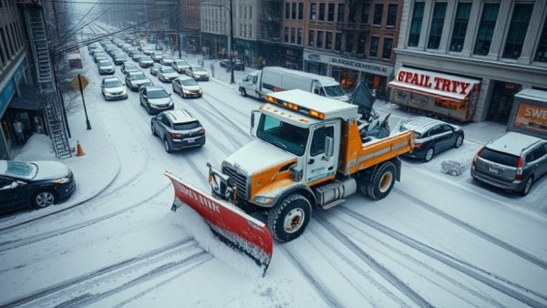 NYC snowplow clearing street post-blizzard, urban cleanup scene.