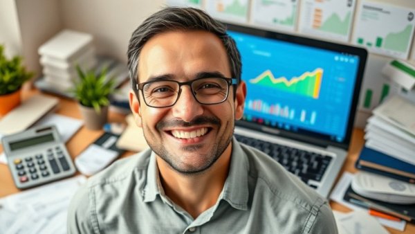 Smiling man promoting clean books for financial success as tax season starts now.