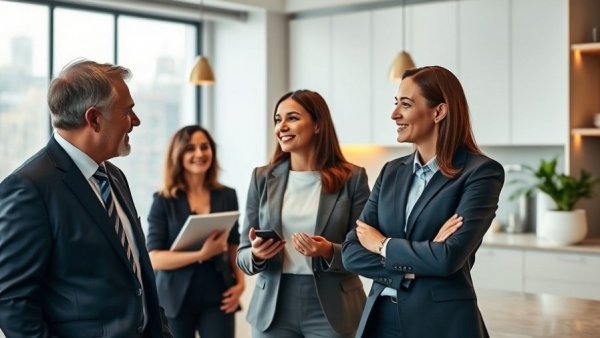 Businesspeople in kitchen discussing home inspection partnership must-haves.