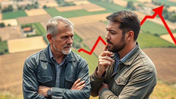 Two men strategizing over 2026 land market trends with farmland backdrop.