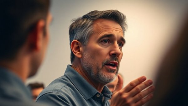 Middle-aged man discussing community connection in real estate, soft lighting.