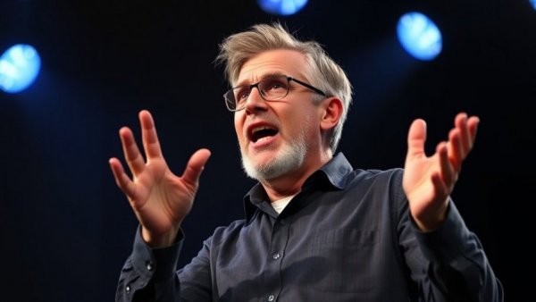 Motivational speaker passionately gesturing on stage with blue lighting.