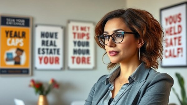 Confident woman discusses real estate tips, indoor office, ambient lighting.