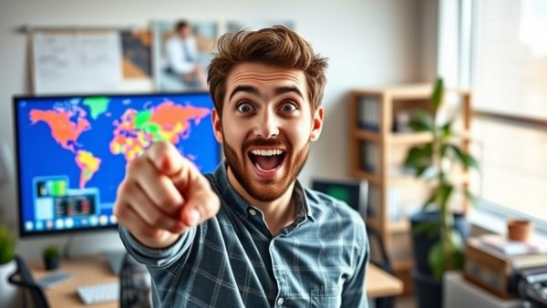 Young man excitedly discusses riskiest housing markets in US office.