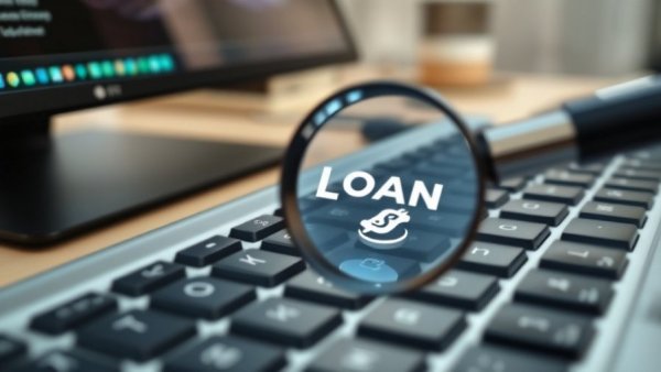 Magnifying glass highlighting loan key on keyboard for Home Loan Refi Applications.