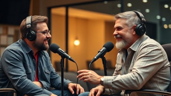 Podcast discussion on turning small investments into big returns, two men talking.