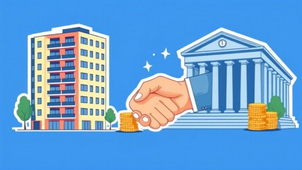 Illustration of buildings, coins, handshake symbolizing housing affordability.