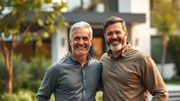 Smiling professionals in front of modern house, Scale Your Real Estate Business 2-3X.