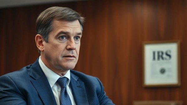 Middle-aged man discusses IRS attention in an office setting.