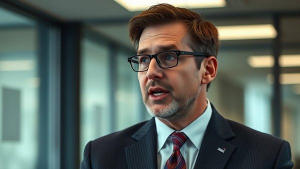 Mature man discussing new law penalties in an office setting.