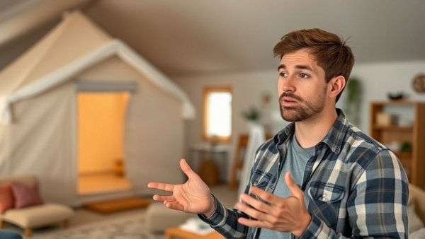 Young man discussing top Airbnb glamping stays via video.