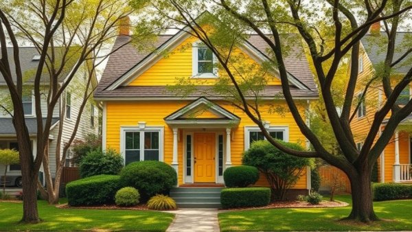 Charming yellow house in suburban setting, vibrant and welcoming.