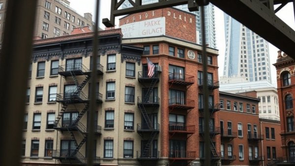 Urban cityscape showing apartment buildings with fire escapes and iron bridge structure, related to Section 8 housing voucher protections.