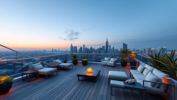 Luxurious rooftop terrace overlooking city, housing lottery for rent-stabilized units in Prospect Heights.