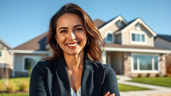 Invest in real estate while raising kids: smiling woman with modern house.
