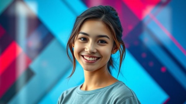 Young woman smiling in modern geometric background, discussing real estate trends 2026.