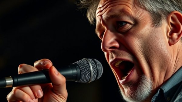Middle-aged man discussing ideas into a microphone indoors.