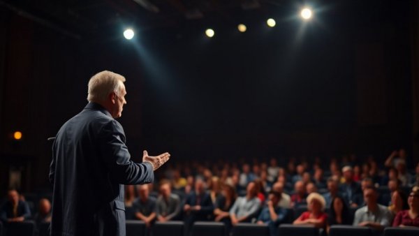 Dynamic speaker discussing investing with bad credit, illuminated by spotlight.