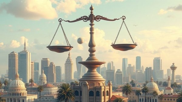 Surreal city illustration with scales, condo insurance standards concept.