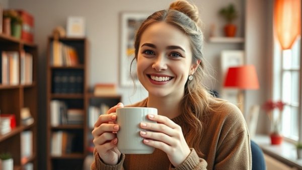 Cheerful woman holding a mug in a cozy office, smiling warmly.