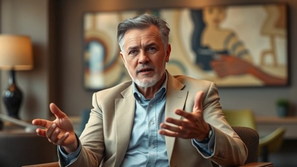 Mature man explaining self-rental rule tax savings in office.