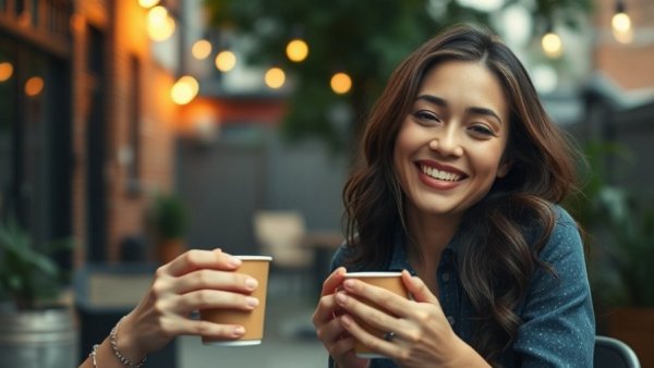 Woman enjoying coffee outdoors with spring ambiance