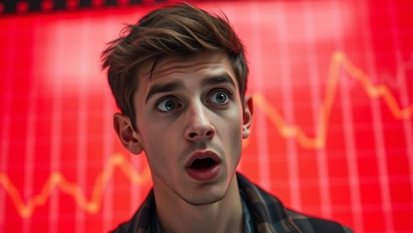 Shocked man in front of housing market graph and arrows, home price stall concept.