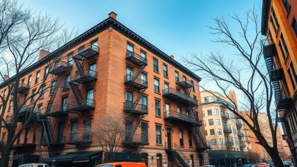 Historic apartment buildings in NYC under a blue sky.