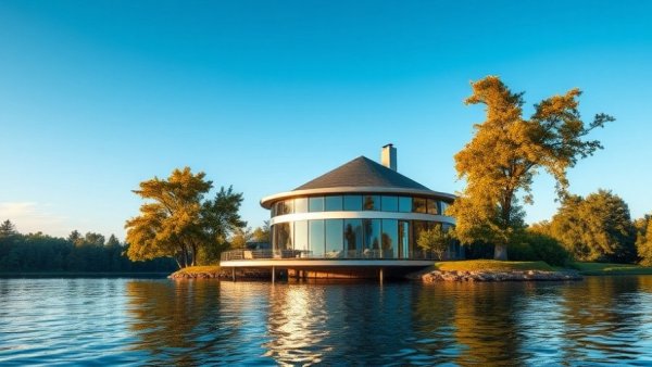 Round home by lake showcasing hurricane resilience.