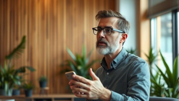 Middle-aged man talks about side hustles in modern office.