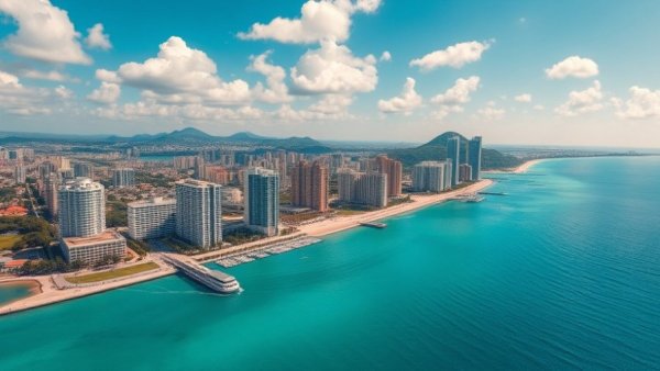 Aerial view of coastal city ideal for spring break destinations for year-round living.