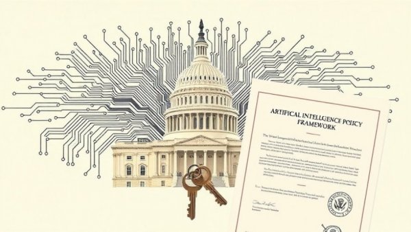 Collage of U.S. Capitol, circuit board, AI policy document, and keys