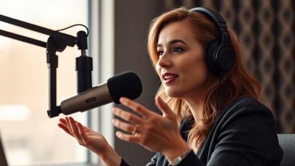 Confident woman speaking passionately in a podcast studio
