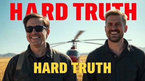 Two men in front of helicopter with 'Hard TRUTH' text.
